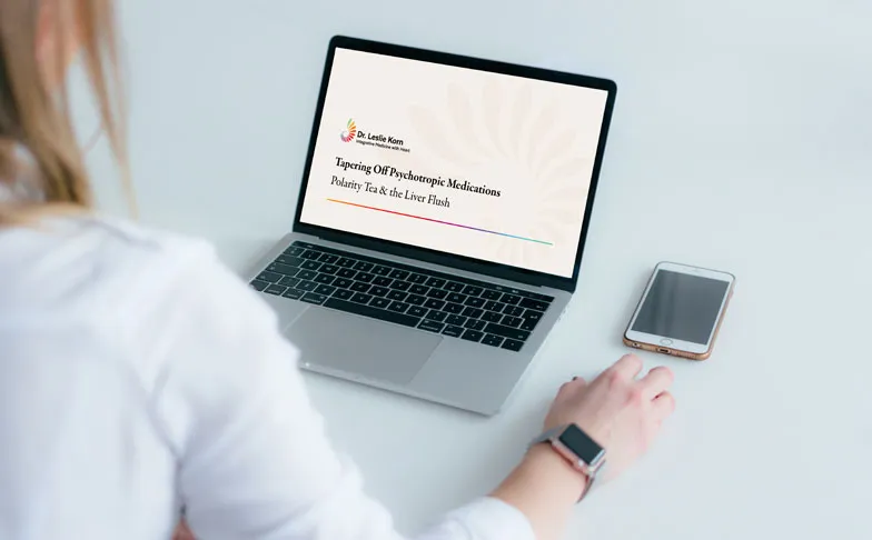 a screenshot of the Tapering Off Psychotropic Medications Integrative and Naturopathic Strategies course on a laptop